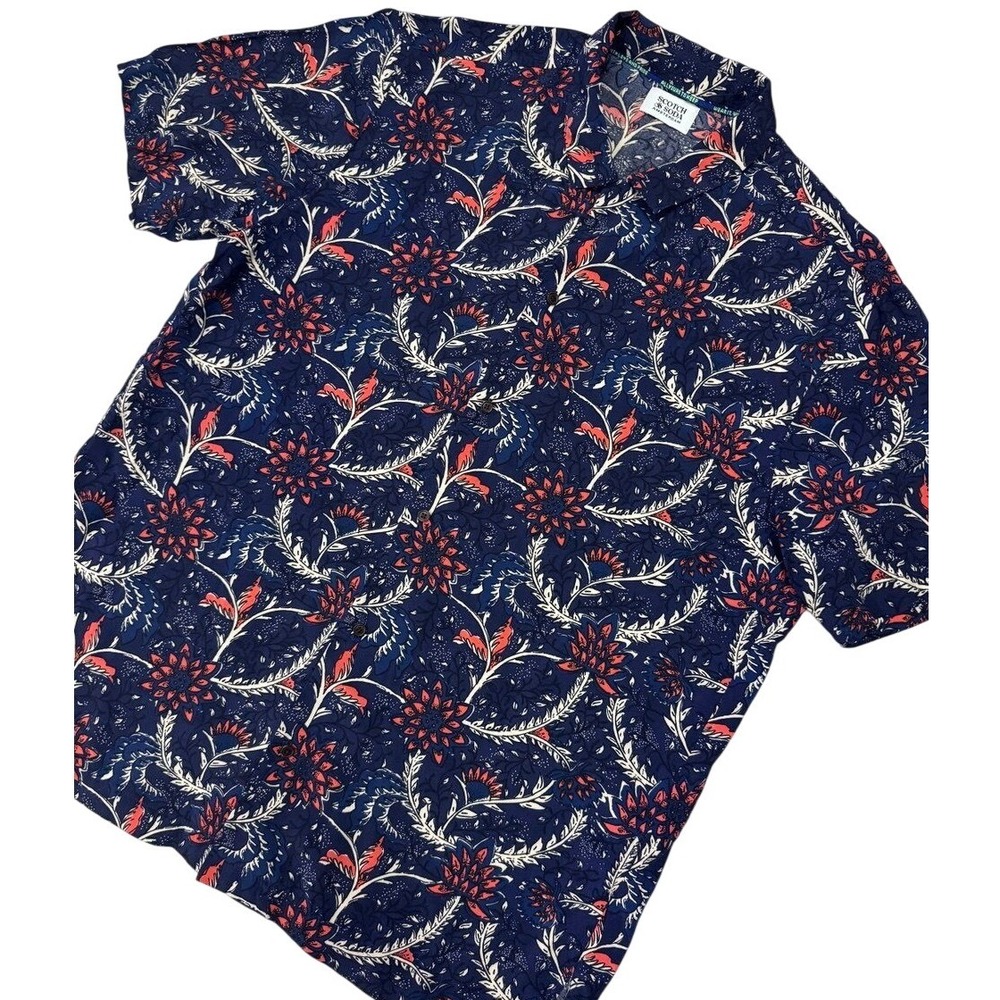 Scotch & Soda Shirt Mens Large Blue Floral Viscose Short Sleeve Button Down